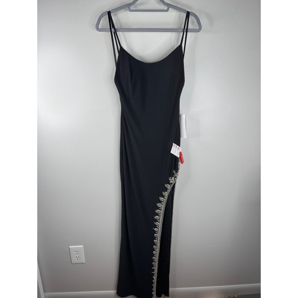 MAC DUGGAL Black Maxi DRESS Size 2 Rhinestone Side Slit Cami Bodycon 42002 New - Picture 4 of 8